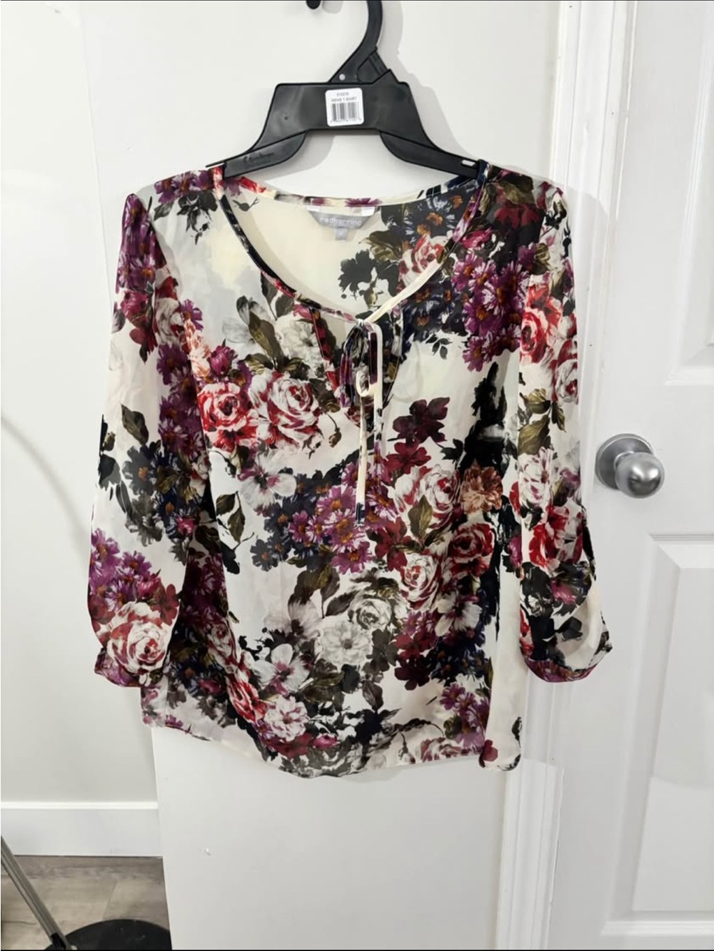 Sheer Floral Tie-Neck Blouse in Cream and Plum